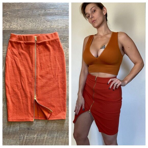 Forever 21 Ribbed Skirt Orange Gold Double Zipper Small Stretchy - Picture 3 of 9